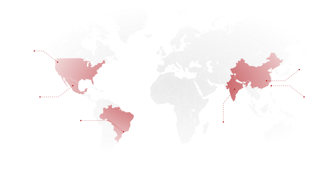 World map highlighting Redstone manufacturing regions: United States, Mexico, and China