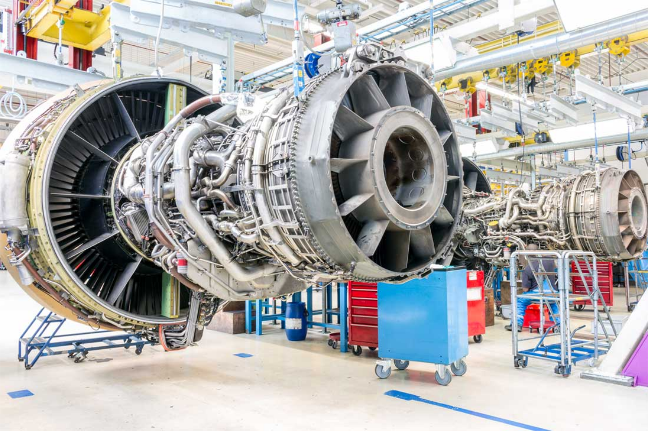 Aircraft jet engine on a maintenance stand in an MRO facility